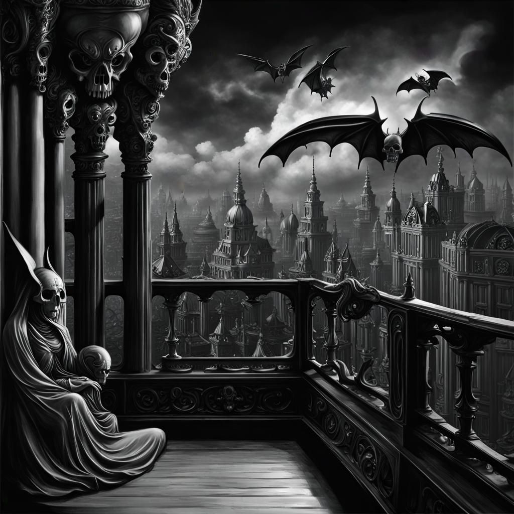 Gothic Girl Cries in Biopunk Cityscape, Geiger Style