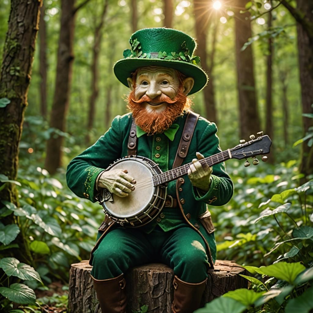 Leprechaun Plays Banjo in Lush Forest