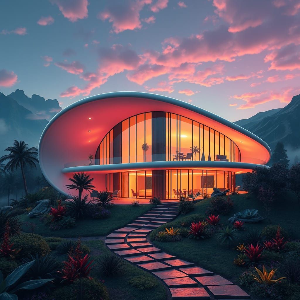 Sleek, Curved-Line Modern House in Lush, Vibrant Environment