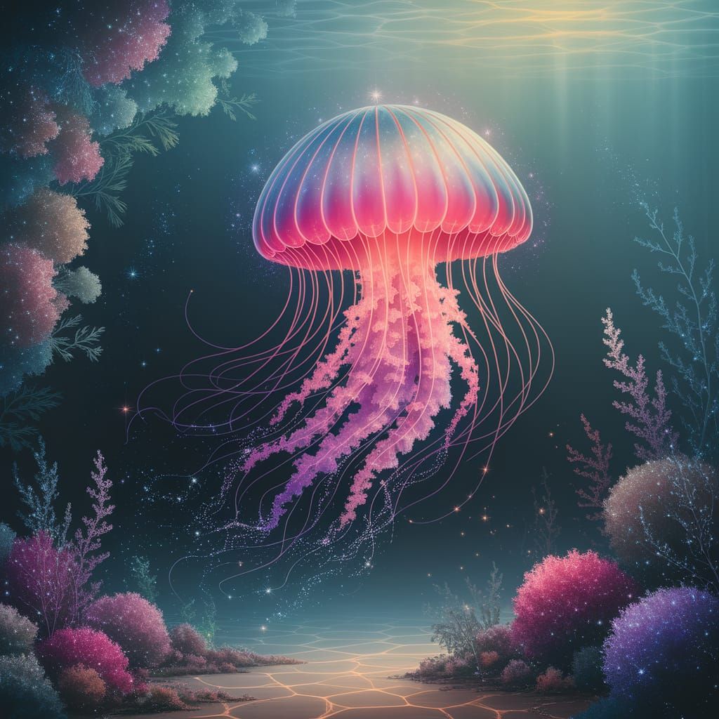 Glowing Jellyfish in Dreamlike Underwater Scene