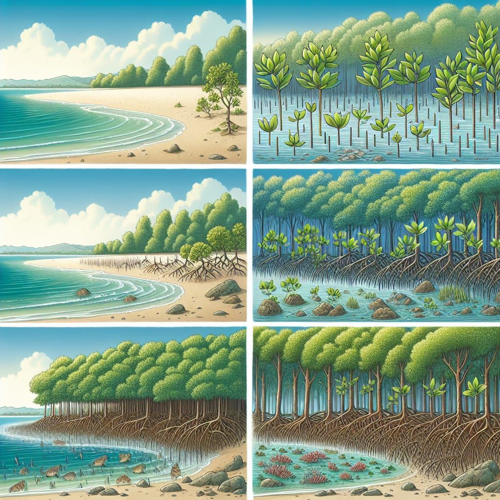 A botanical evolution of a clean shoreline into a crowded mangrove shore