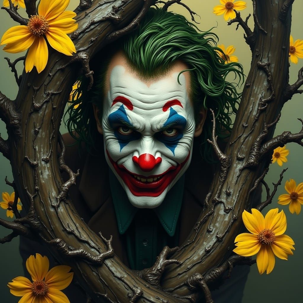 Joker's Haunting Portrait in a Tapestry of Yellow Flowers