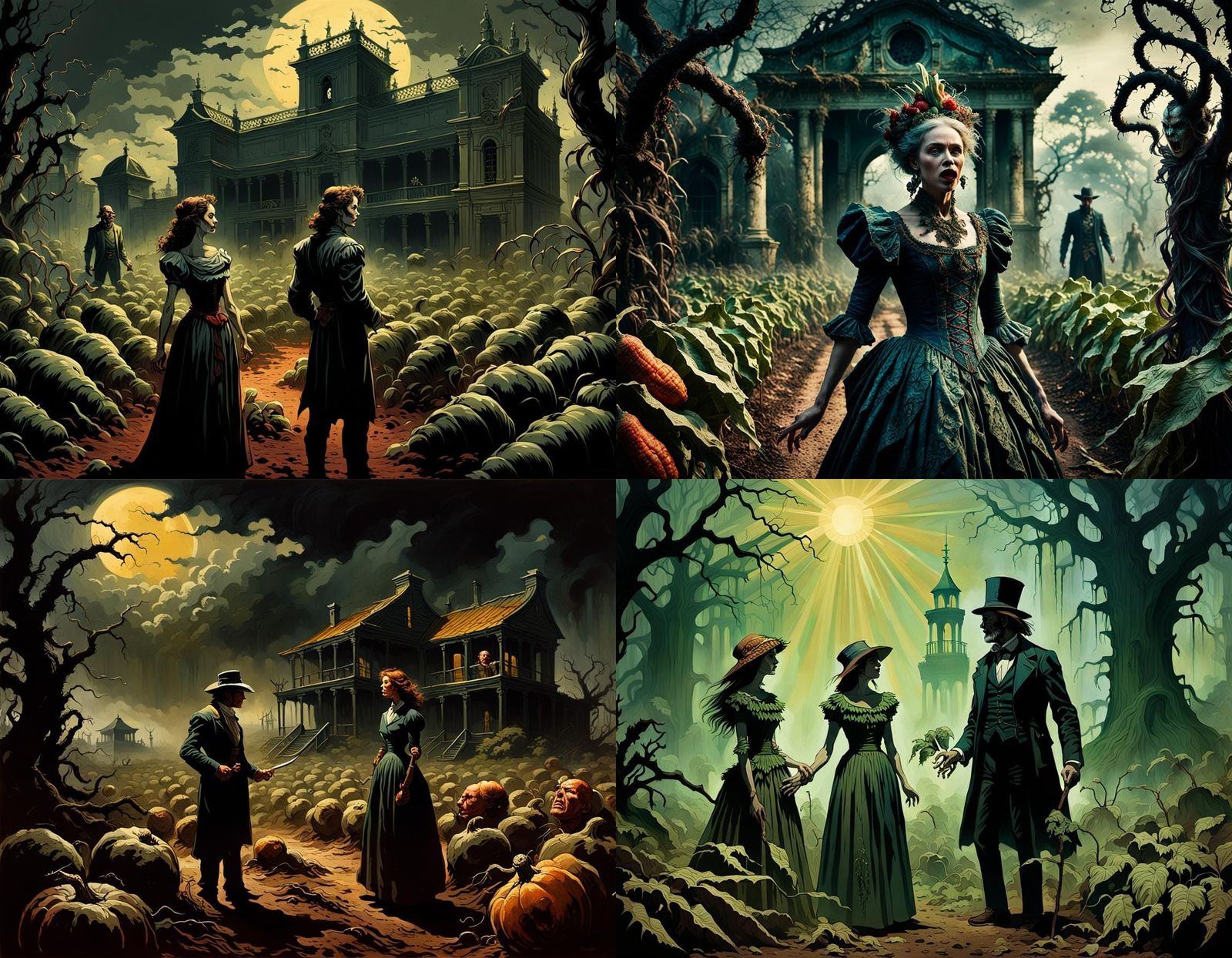 Dark Fantasy Plantation Argument in 1970s Paper Art Style