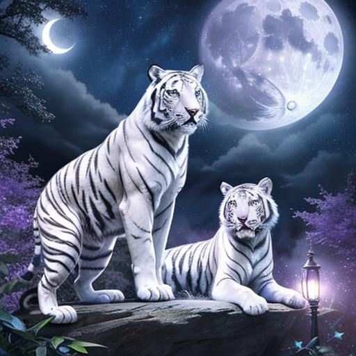 Fantasy White Tiger Under Starry Night