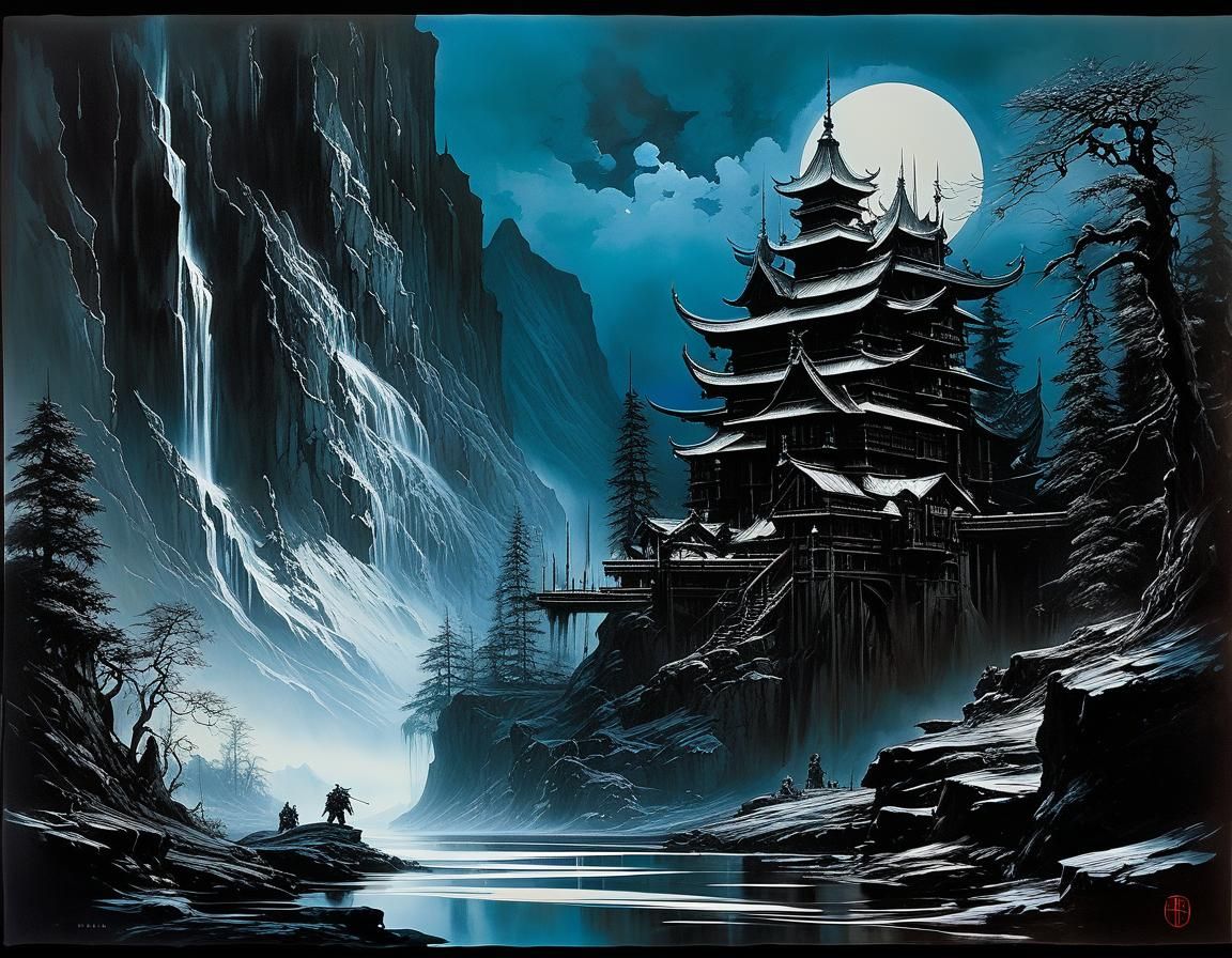 High Contrast Temple in Oil Gouache Style