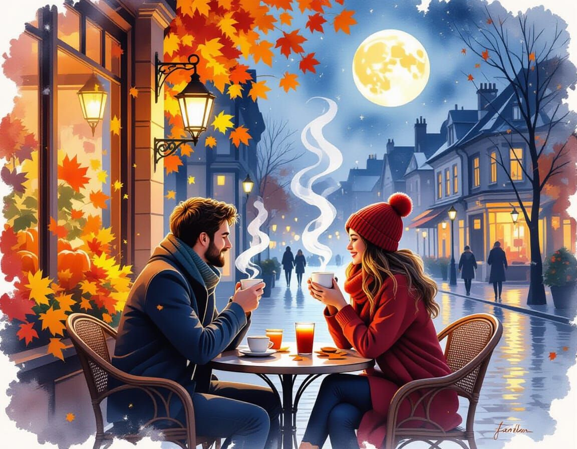 Romantic Autumn Cafe Scene in Watercolor Style