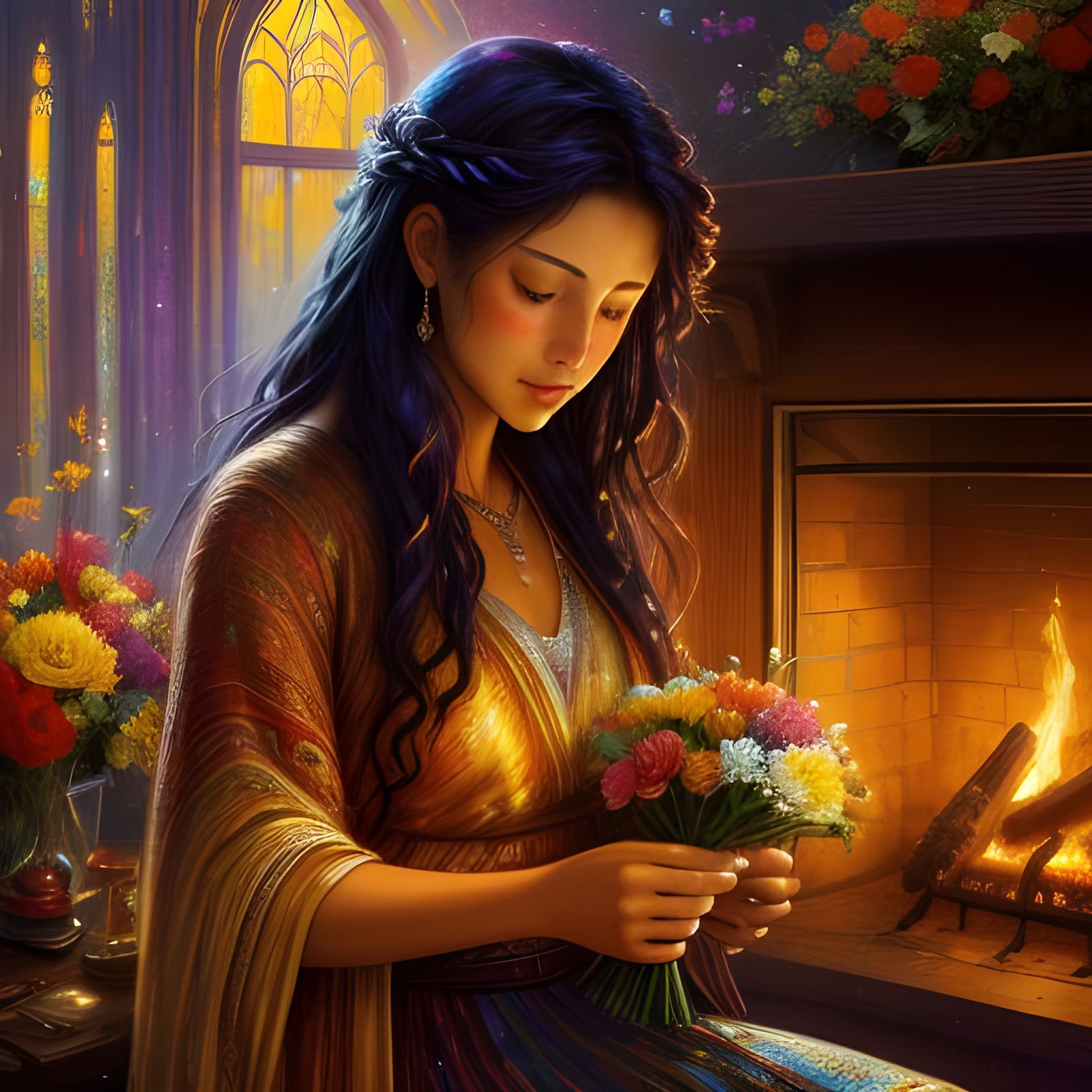 Cozy Fireplace Scene in Watercolor Wash Style