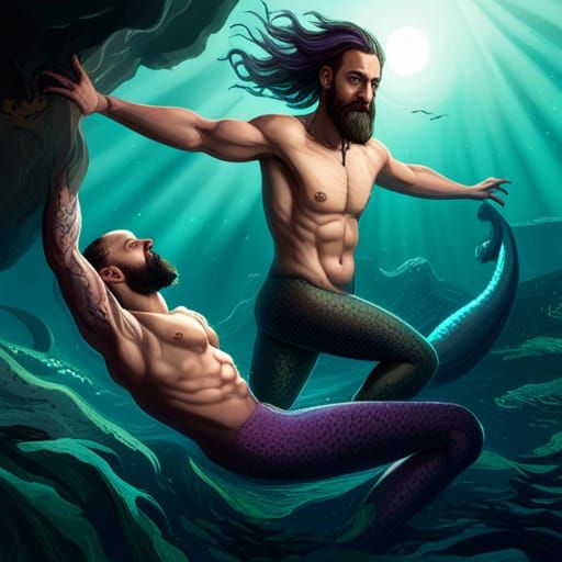 Bald Man and Purple-Tailed Merman: Fantasy Art