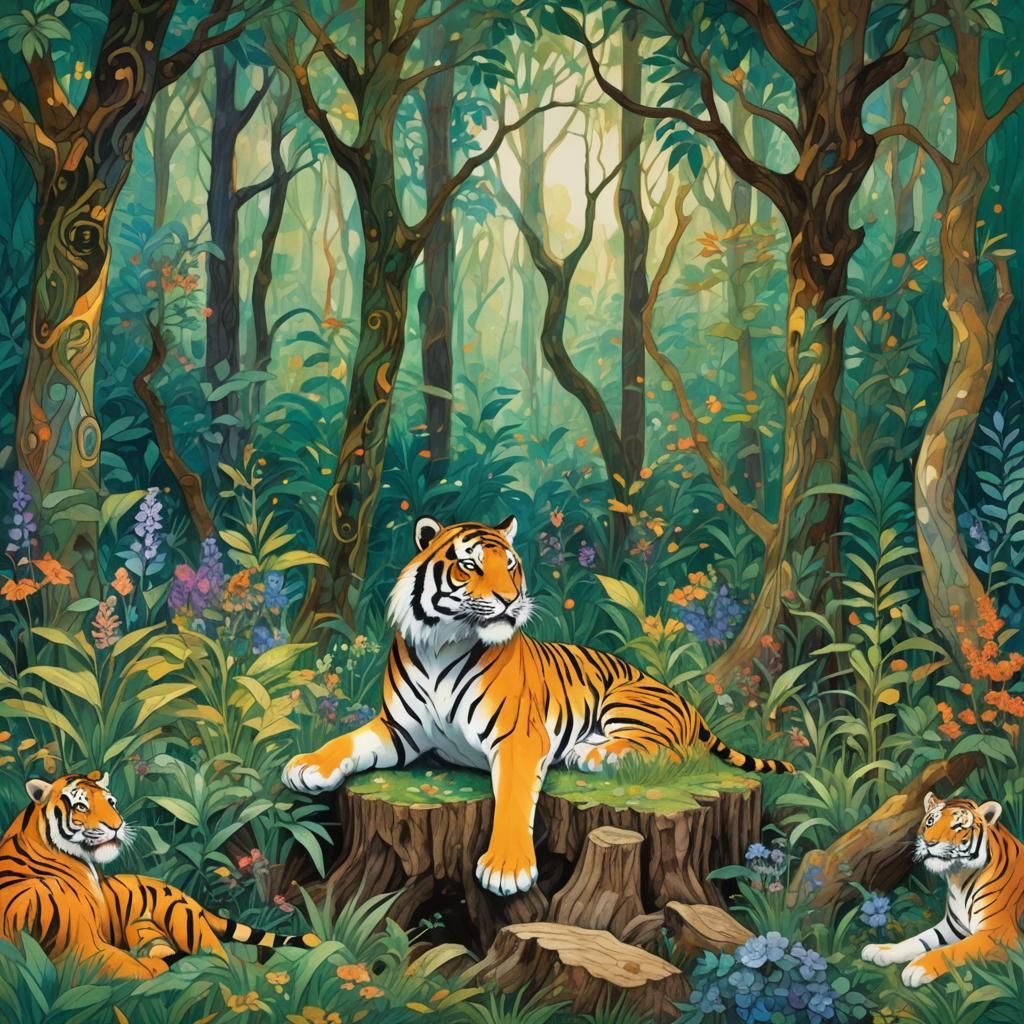 Tiger and Monkey in Forest, Fantasy Art Style