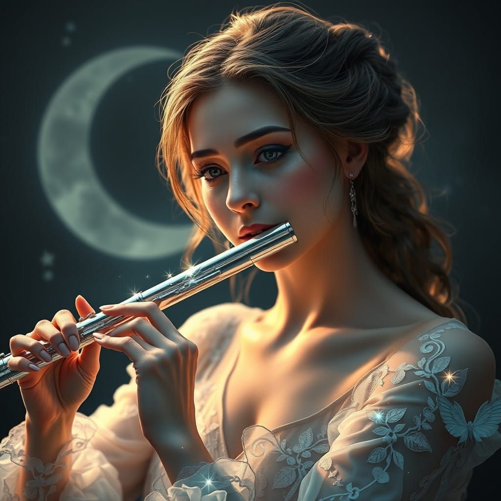 Hyper Realistic Portrait of a Woman Playing a Magical Silver...