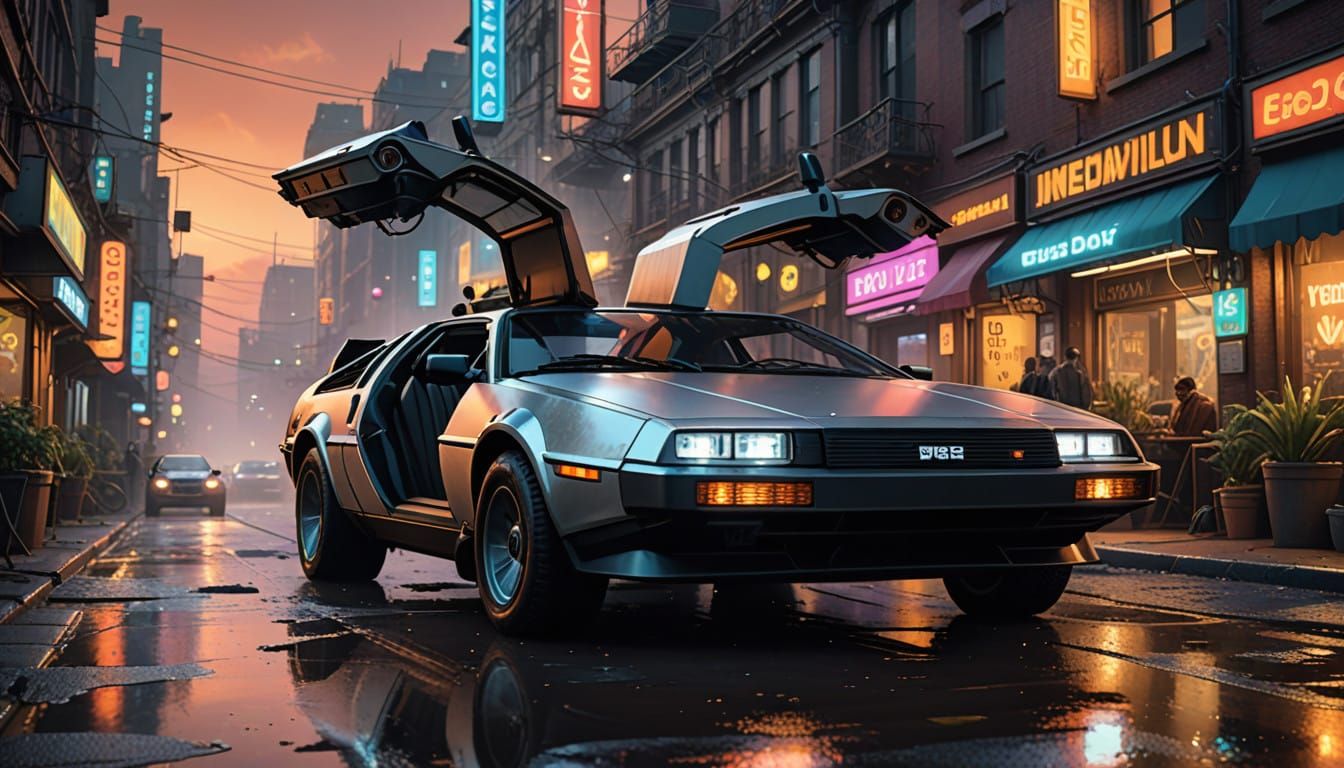 Retro-Futuristic DeLorean Hovercraft Takes Flight in Neon Ci...
