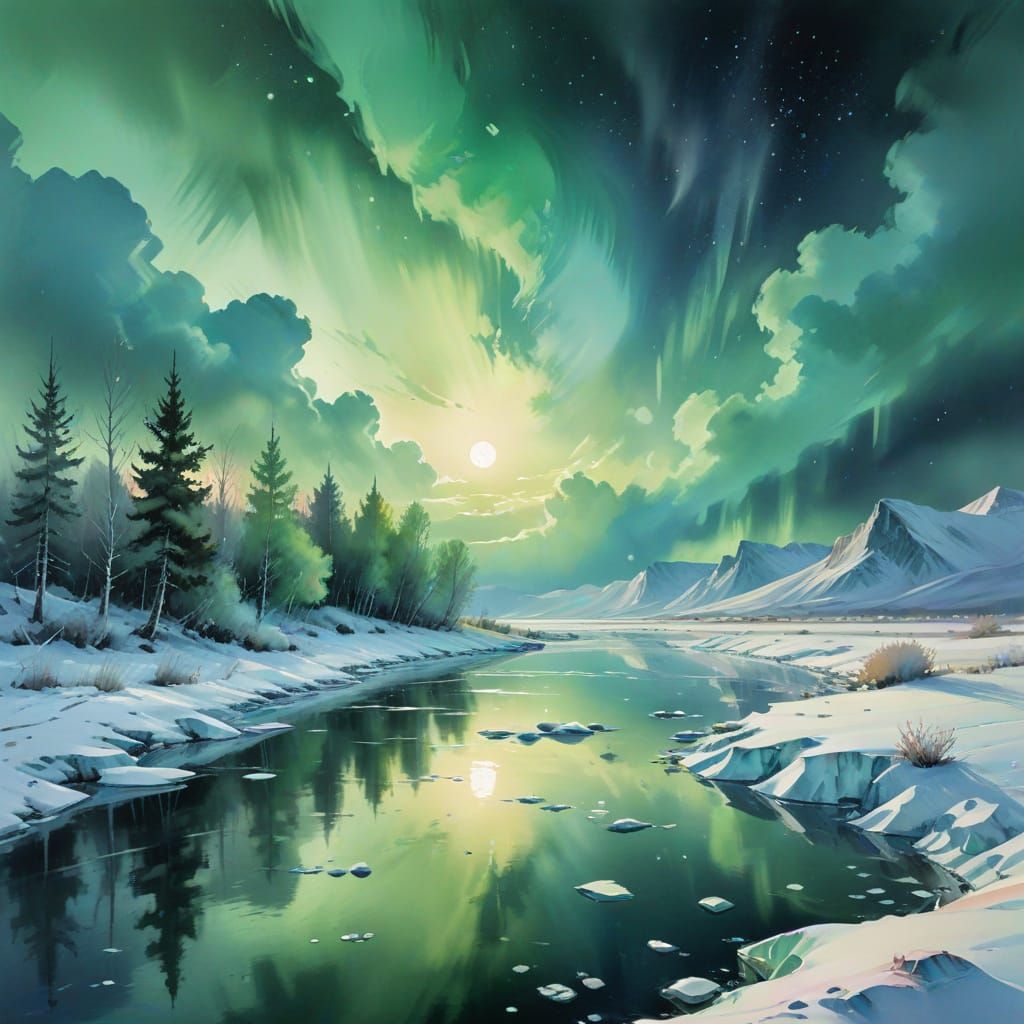 Moonlit Tundra Mirrored by Winter Auroras: Watercolor