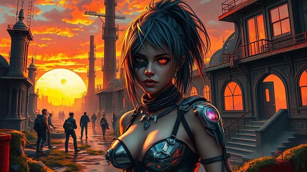 Cyberpunk Rocker in Dystopian Wasteland Sunset