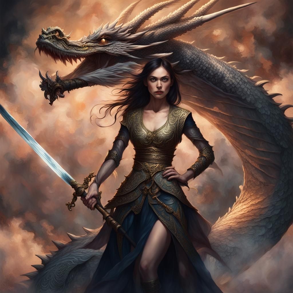 Woman Riding Dragon with Sword in Dramatic Lighting