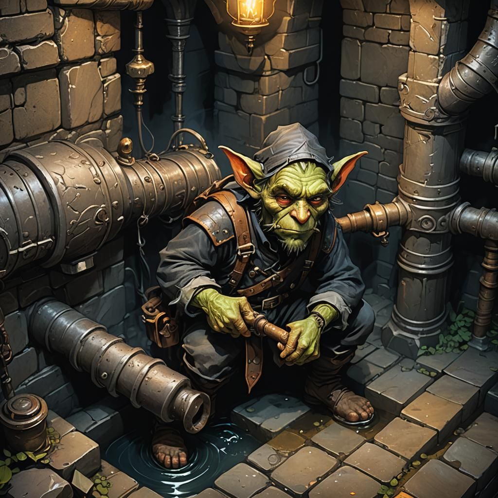 Goblin Plumber in Gothic Dungeon, Dark Fantasy Art