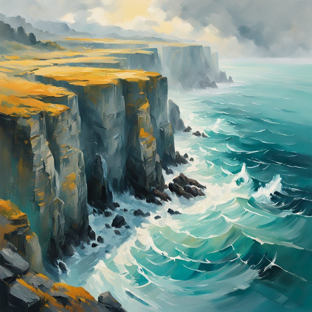 Misty Sea and Cliffs in Gouache Impressionist Style