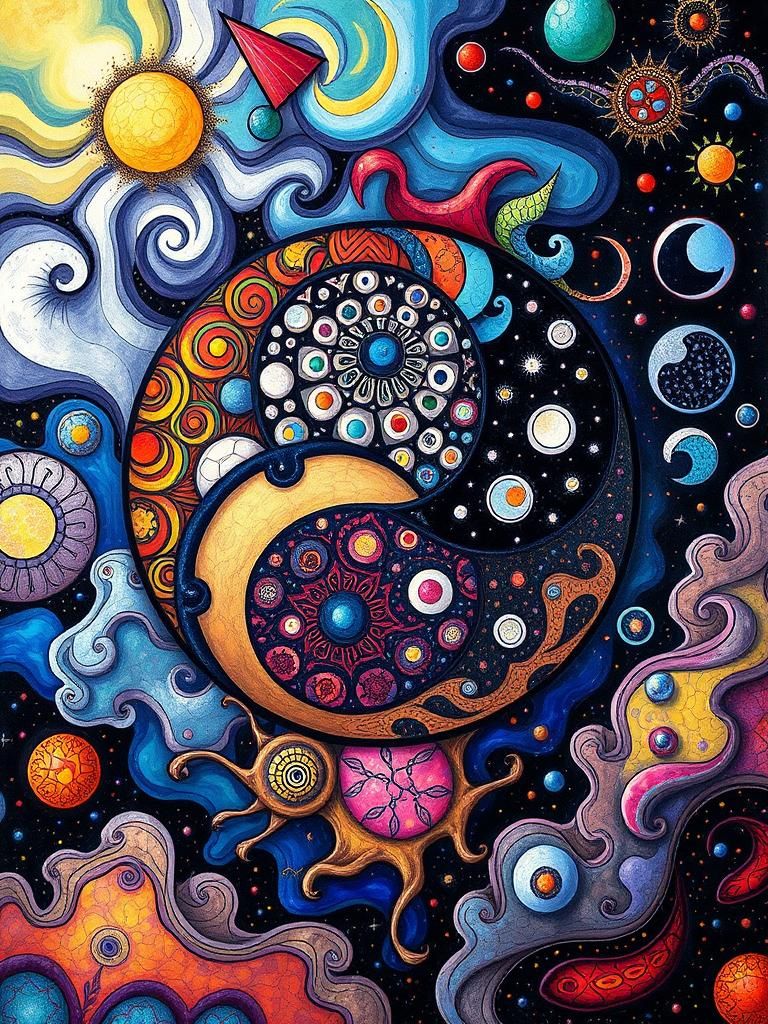 Origin of the World. Yin-Yang. Style of Juan Miro.