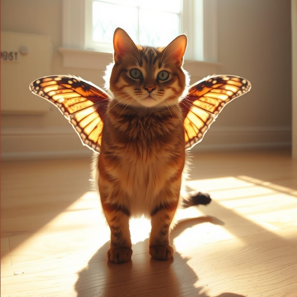 Whimsical Tabby Cat with Butterfly Wings in Sunlight