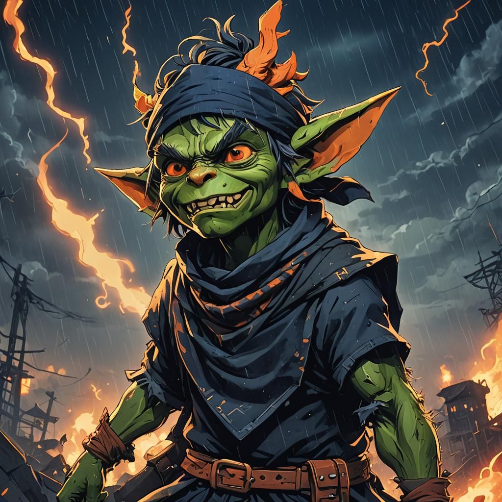 Heroic Goblin in Anime Style Amidst Stormy Night