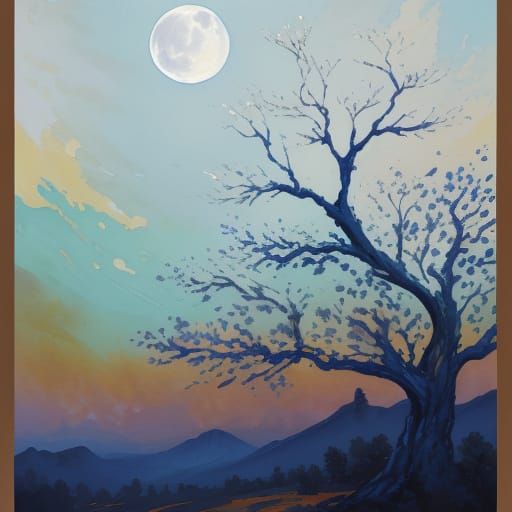 Lone Pappel Tree Under Full Moon in Gouache Style
