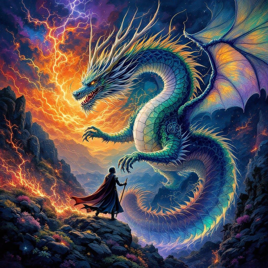 Neo-Classical Dragon Soars Amidst Iridescent Hills
