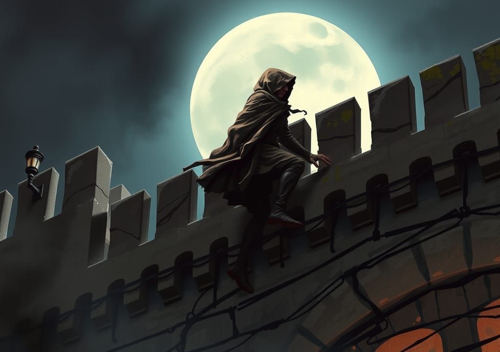 Mysterious Figure Scales Castle Wall in Dramatic Digital Art