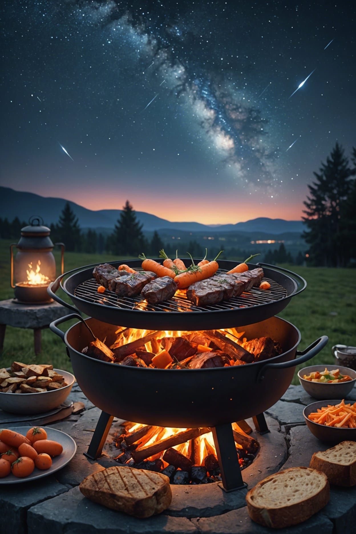 Brazier Cooking Under Starry Sky: Photorealistic Digital Art