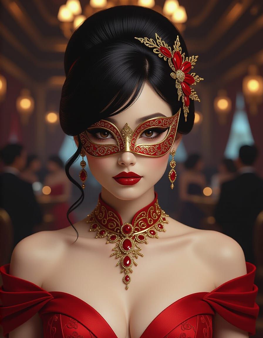 Cyberpunk Masquerade: Asian Femme Fatale in Red
