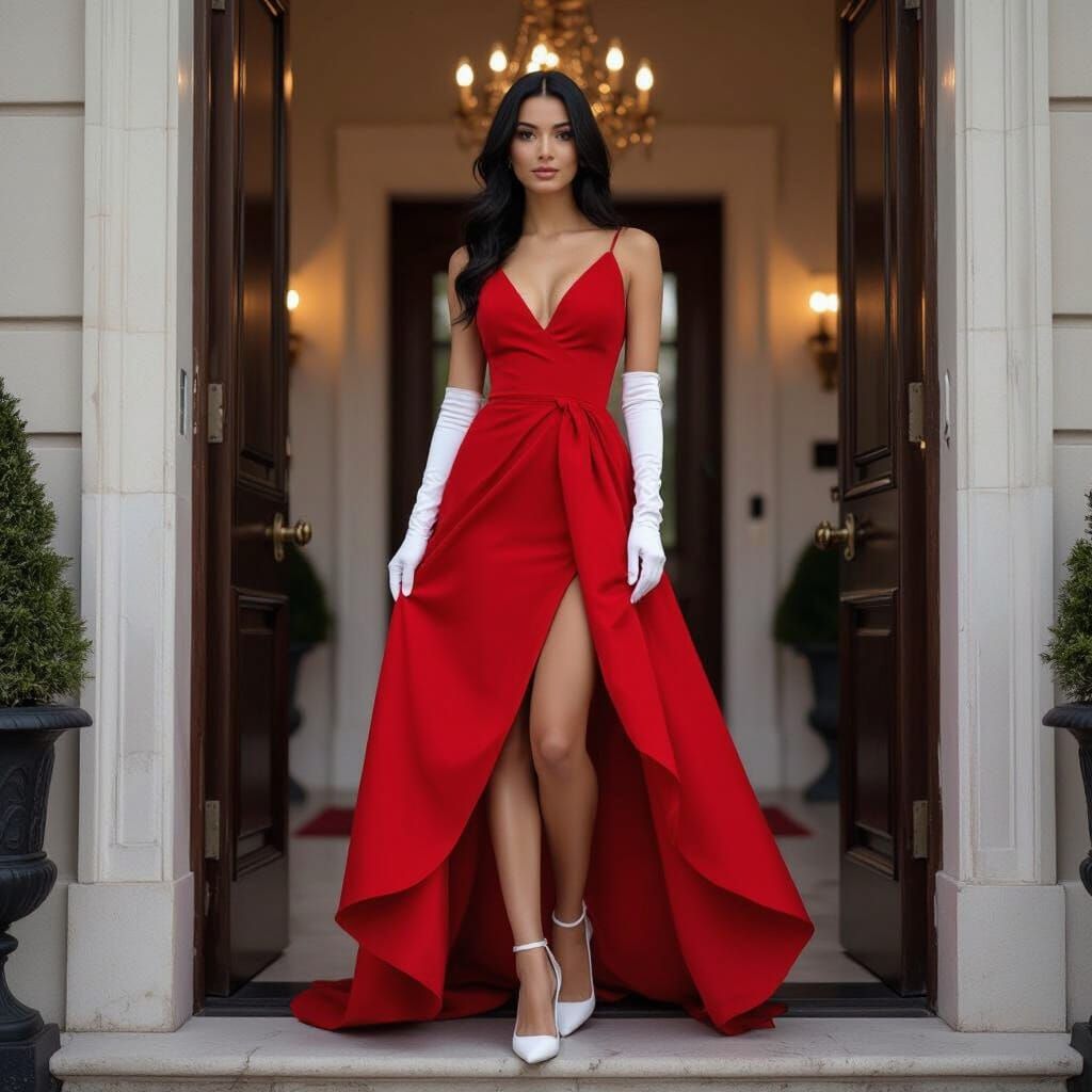 Elegant Woman in Red Dress at Mansion Entrance