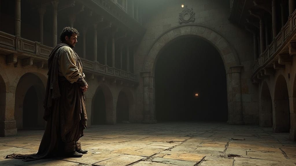 Contemplative Hamlet in 17th-Century Playhouse Scene