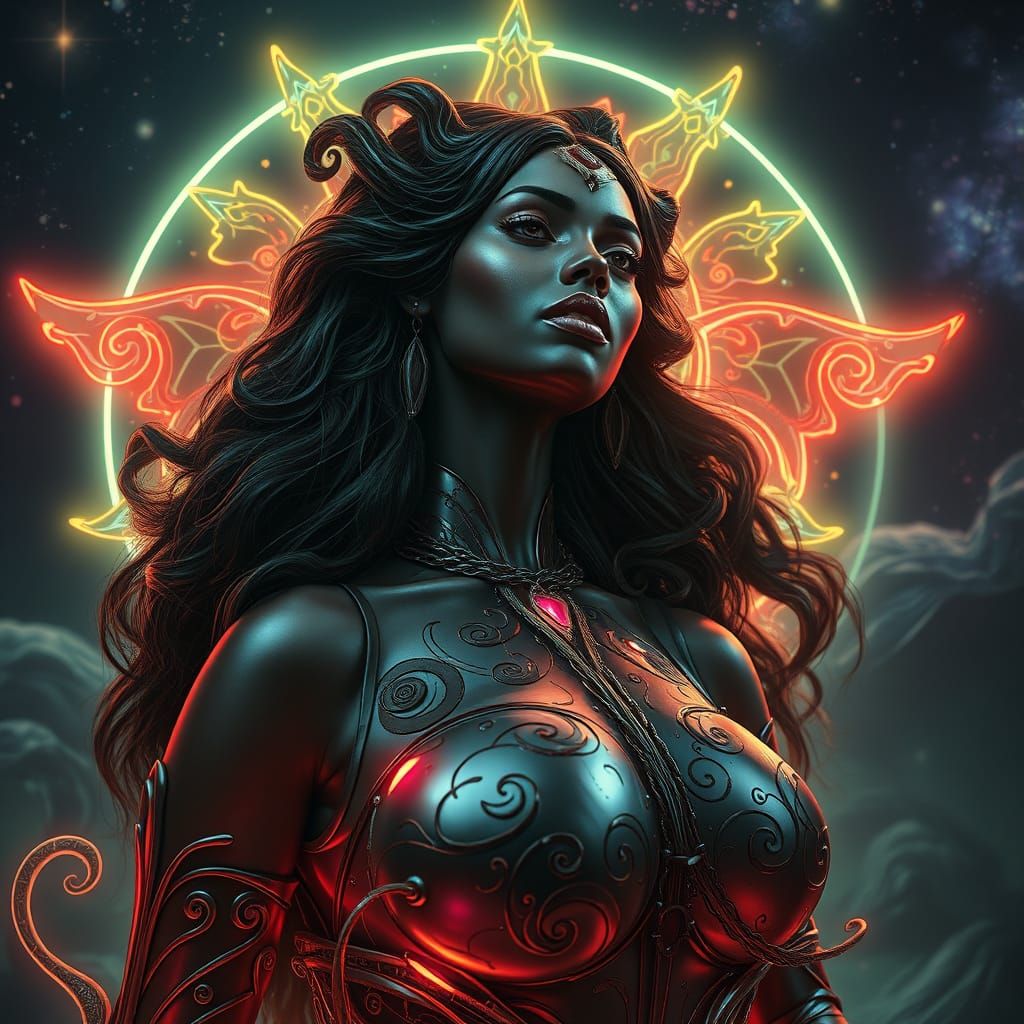 Goddess of Cosmic Beauty in Neon and Gothic Futurism