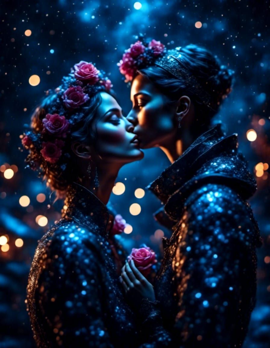 Girlfriends' First Kiss with Sparkle Effects