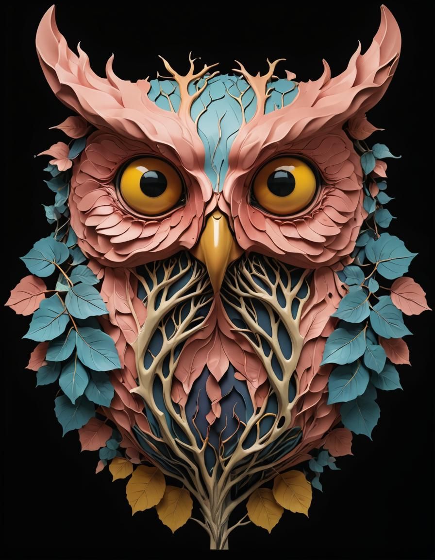Surreal Owl Merges with Tree Branches in 3D