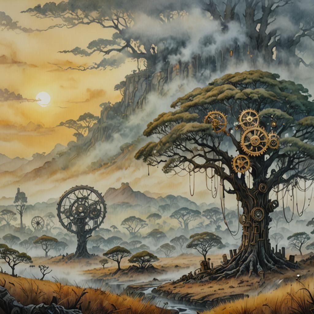 Steampunk African Savanna in Watercolor and Ink