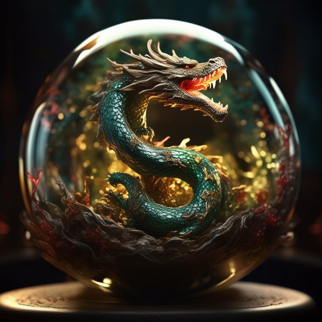 Dragon in Glass Sphere: Photorealistic CGI Masterpiece