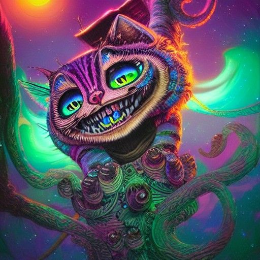 Psychedelic Cheshire Cat Grin in Retro Gothic Art