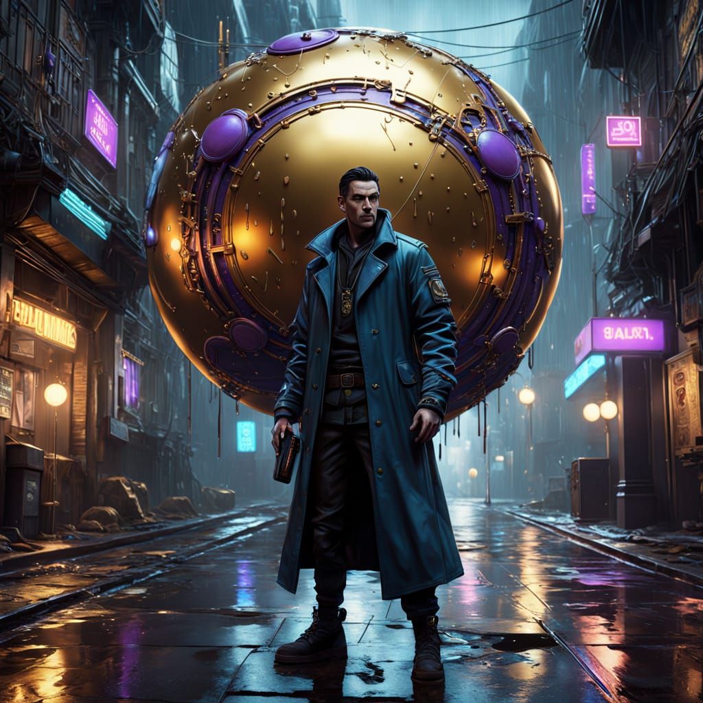 Cyberpunk Hero Holds Golden Spheres in Rainy Alleyway