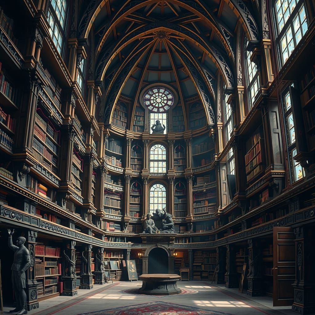 Majestic Ancient Library Bathed in Golden Sunlight