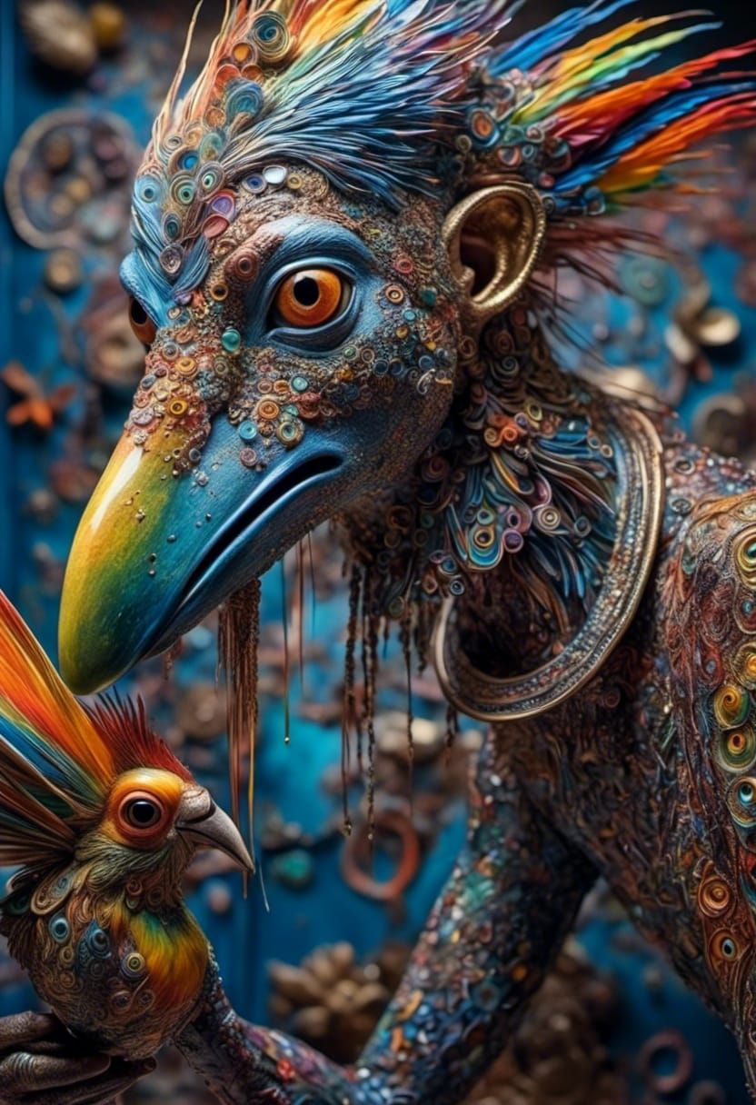 Exotic Alien with Iridescent Plumage and Glowing Pet