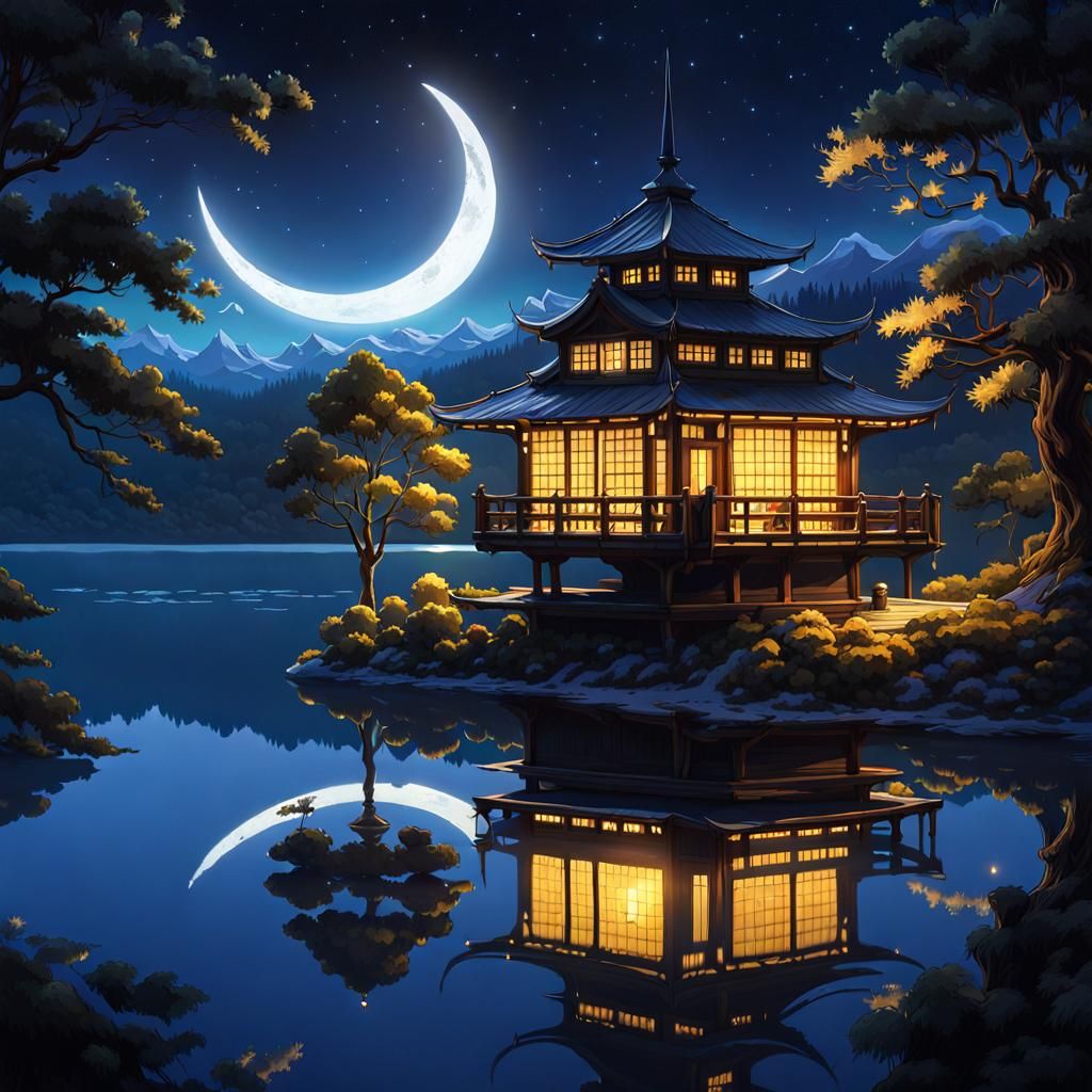 Crescent Moon Over Tranquil Lake at Night