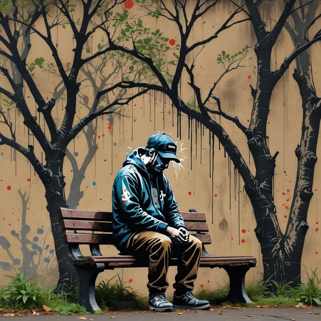 Banksy-esque Stencil Art: Crying Man with Boombox