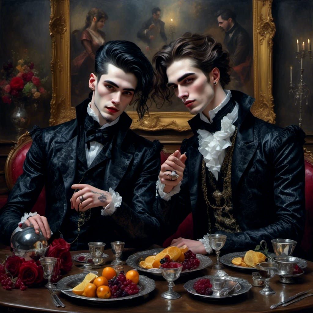 Gothic Gay Couple Romance in Dark Fantasy Style