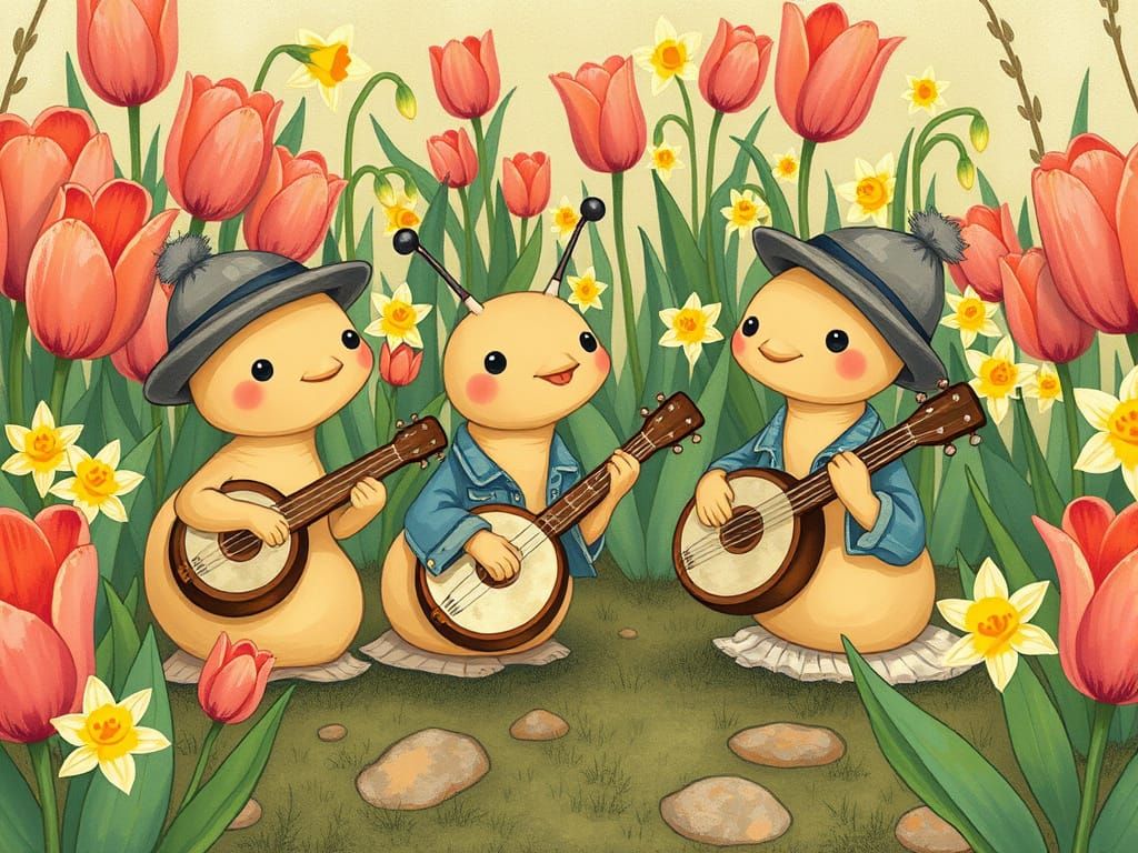 Snail Musicians in Whimsical Garden Scene
