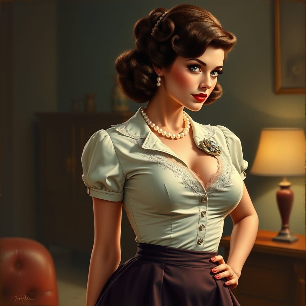 Sultry 1950s Pin-up Girl in Ruby Red Lipstick and Vintage Ou...