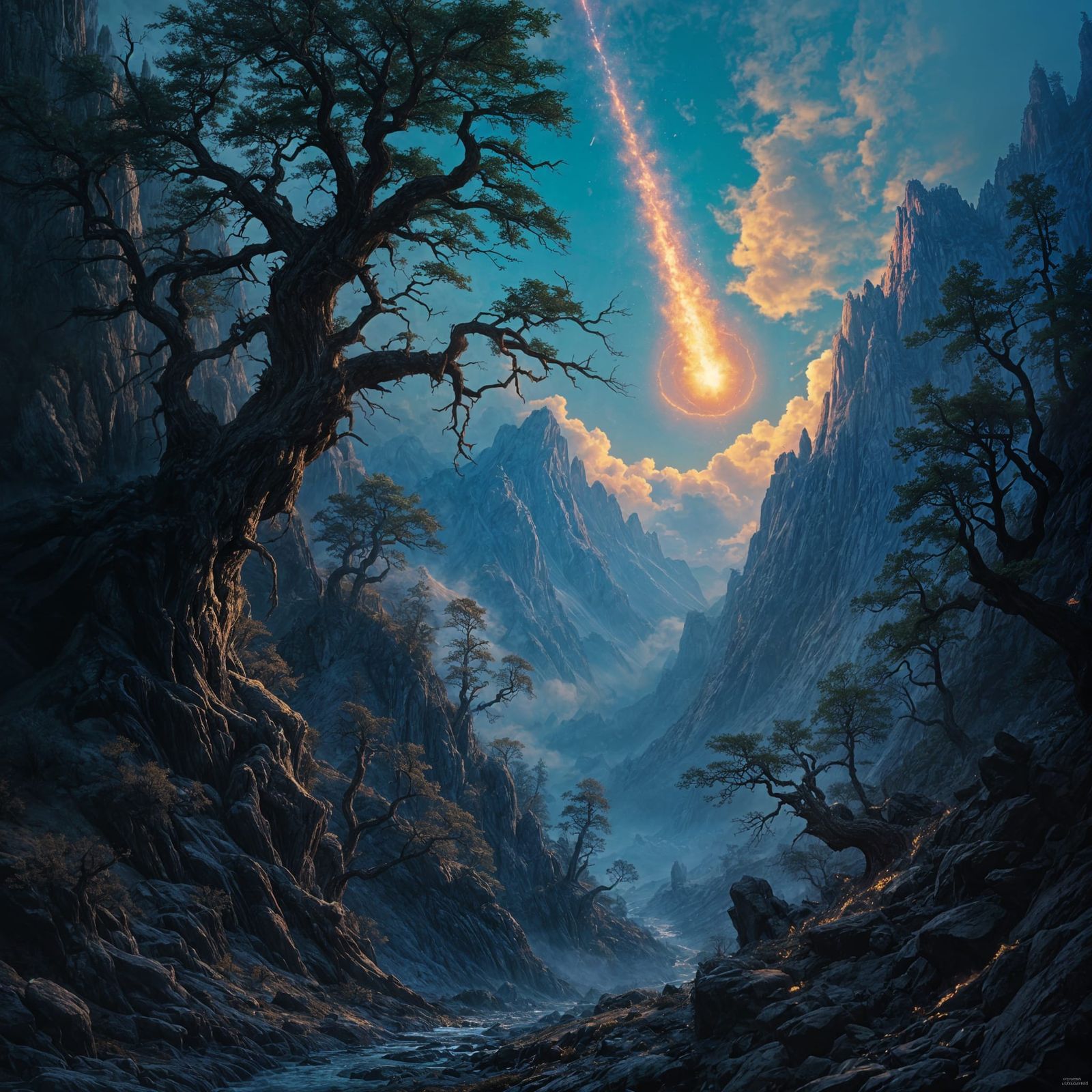 Dark Fantasy Meteor Descends on Mountains