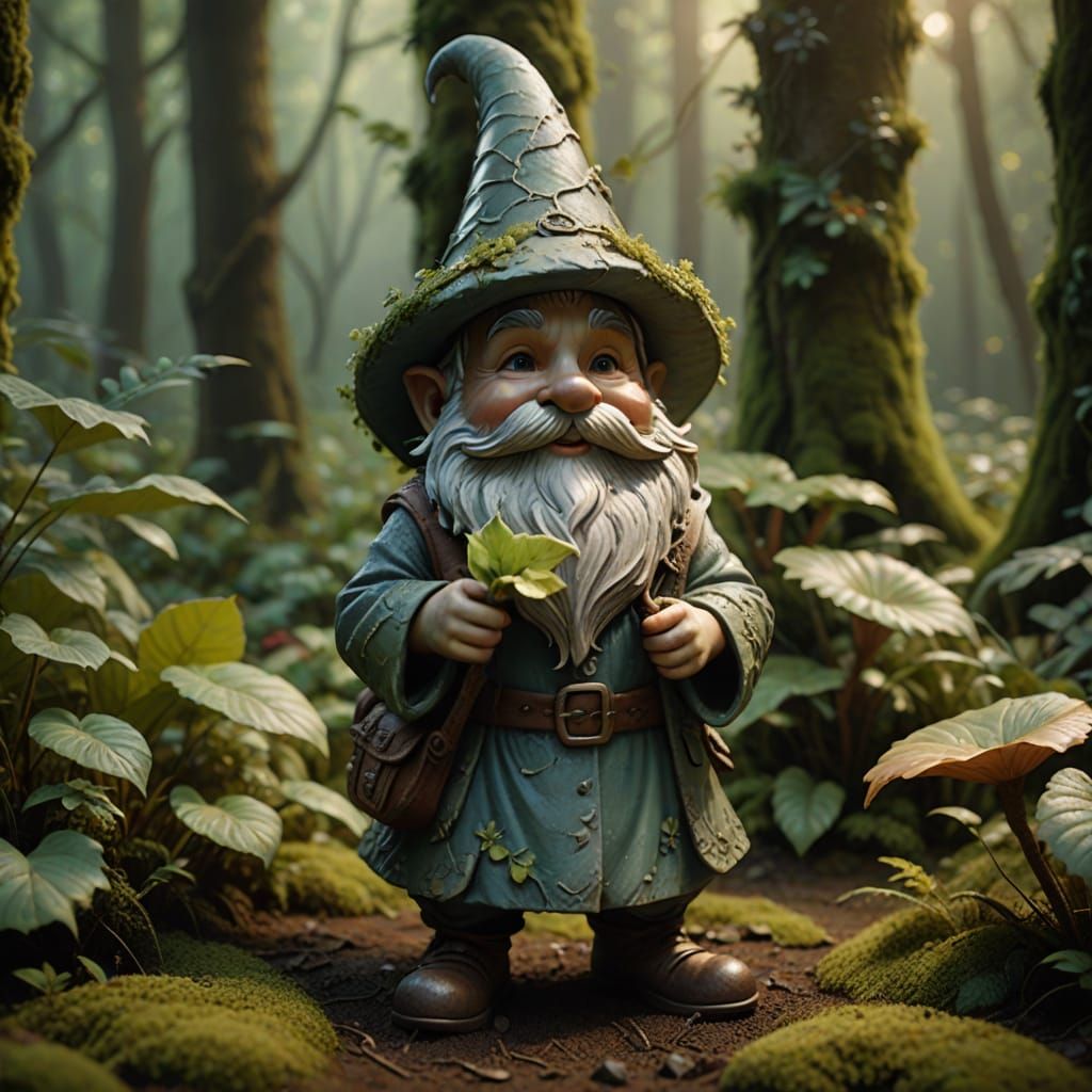 Hyper-Realistic Garden Gnome and Dragon in a Misty Forest