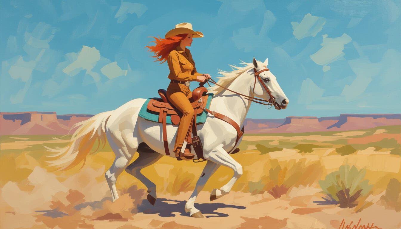 Impressionist Oil Portrait of Cowgirl Galloping in Badlands