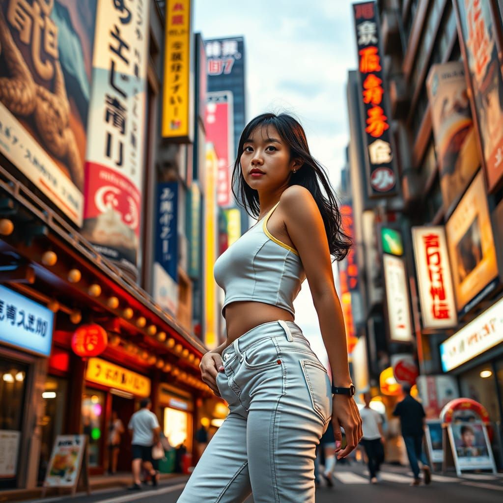 Tokyo Street Fashion: Woman in White Jeans Amidst Neon Light...