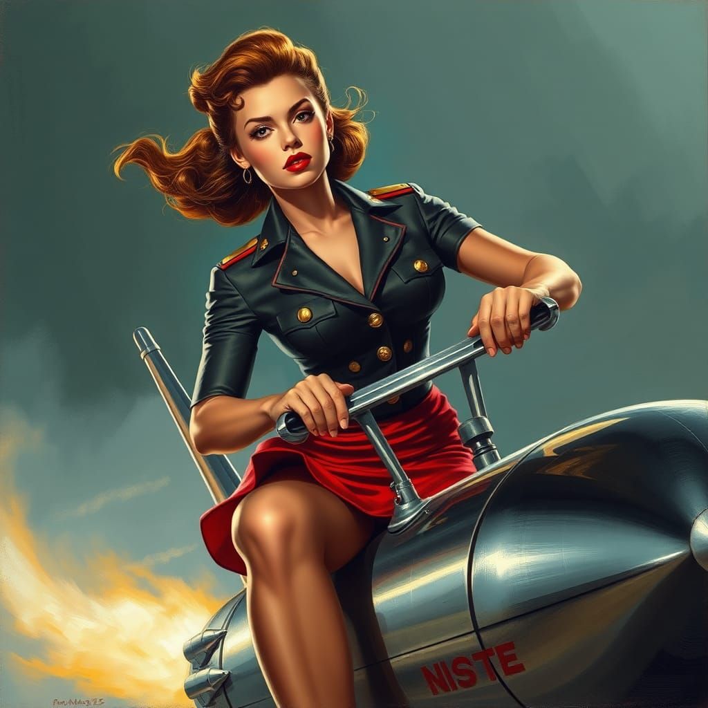 Rockabilly Girl Rides Missile in Nostalgic Futurism Style