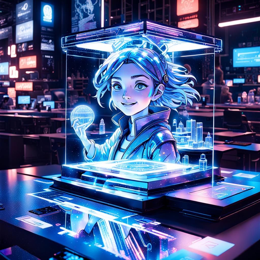 Holographic Girl Projection in Cyberpunk Style